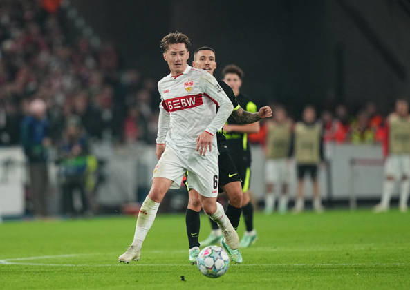 Angelo Stiller of VfB Stuttgart during the match between VfB Stuttgart and Atlético Madrid in the group stage of the UEFA Champions League at MHPArena in Stuttgart, Germany, on October 20, 2026. DeFodi Images