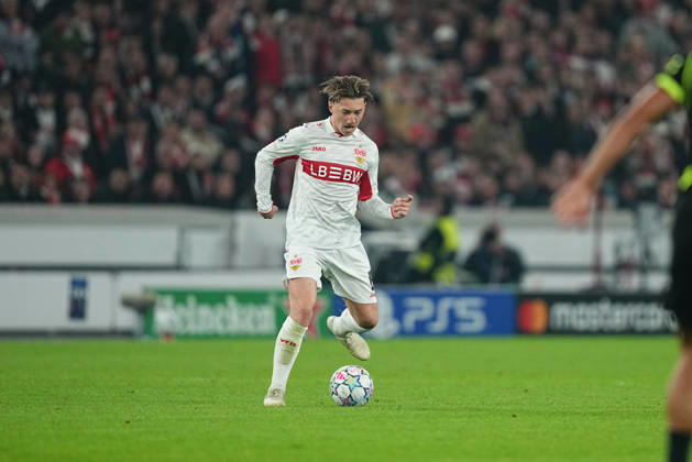 Angelo Stiller of VfB Stuttgart during the match between VfB Stuttgart and Atlético Madrid in the group stage of the UEFA Champions League at MHPArena in Stuttgart, Germany, on October 20, 2026. DeFodi Images
