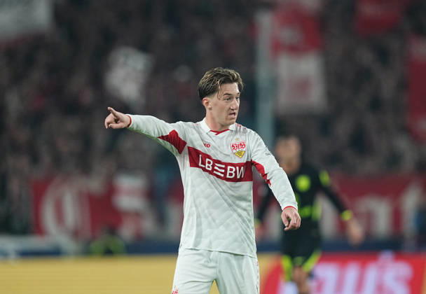 Angelo Stiller of VfB Stuttgart during the match between VfB Stuttgart and Atlético Madrid in the group stage of the UEFA Champions League at MHPArena in Stuttgart, Germany, on October 20, 2026. DeFodi Images