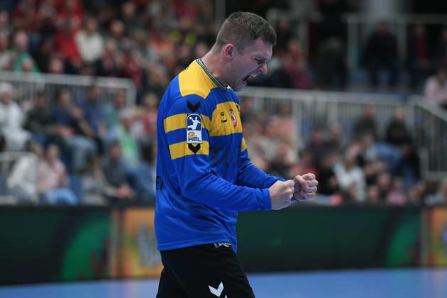 Handball Bundesliga, Matchday 8: TuSEM Essen vs. TV Emsdetten on October 19, 2026, at Sportpark Am Hallo in Essen. Lukas Diedrich of Essen celebrates. xRx