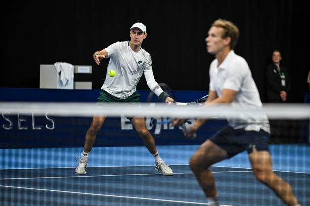 Michael Geerts of Belgium, Joran Vliegen of Belgium pictured in action during the European Open ATP, Tennis Herren tennis tournament in Brussels, on 21 October. This year s edition of the tournament is taking place from 17 to 25 October DAVIDxPINTENS  x190499599x