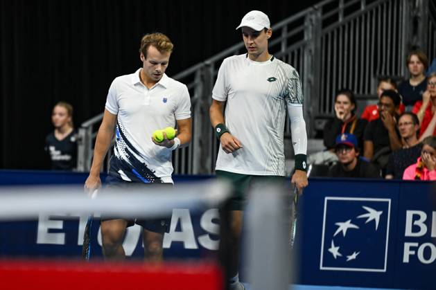 Michael Geerts of Belgium, Joran Vliegen of Belgium pictured in action during the European Open ATP, Tennis Herren tennis tournament in Brussels, on 21 October. This year s edition of the tournament is taking place from 17 to 25 October DAVIDxPINTENS  x190499642x