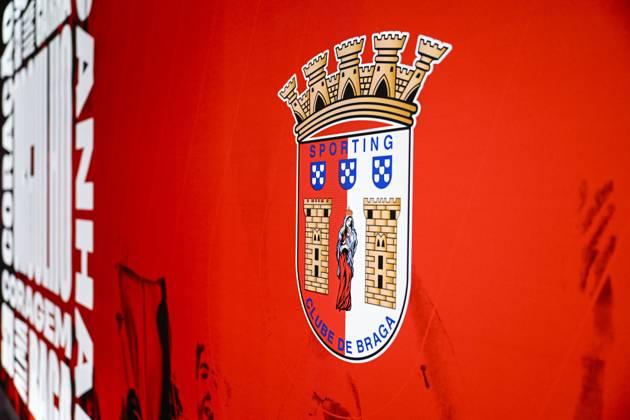 The SC Braga club logo pictured ahead of a press conference, PK, Pressekonferenz of Belgian soccer team KAA Gent, Wednesday 21 October 2026 in Braga, Portugal. The team is preparing for the second match of the UEFA Conference League league phase against Portuguese SC Braga tomorrow. TOM GOYVAERTS TomxGoyvaerts  x190509409x
