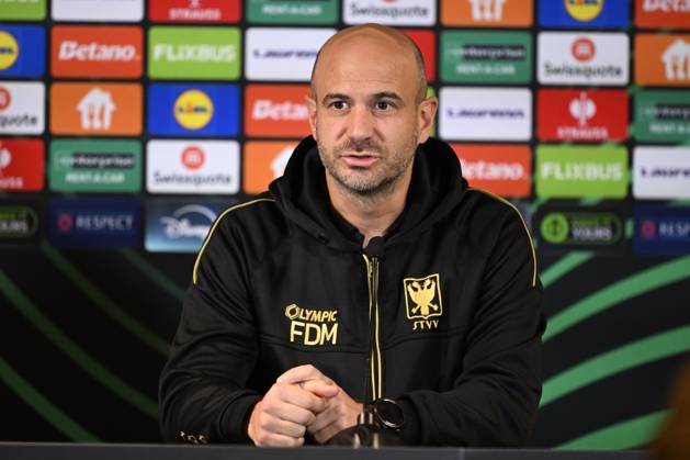 FC Midtjylland v Sint-Truidense VV - UEFA Conference League Media Activities 21 10 2026 HERNING, DENMARK - OCTOBER 21 : De Meyer Frederic head coach of Sint-Truidense VV speaking with the media during a pre-match press conference, PK, Pressekonferenz ahead of the UEFA Conference League 2026 27 League Phase matchday 2 match between FC Midtjylland and Sint-Truidense VV on October 21, 2026 in Herning, Denmark, 21 10 2026 Herning Denmark  Copyright: xTomasxSiskx