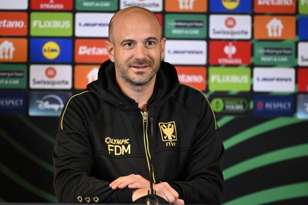 FC Midtjylland v Sint-Truidense VV - UEFA Conference League Media Activities 21 10 2026 HERNING, DENMARK - OCTOBER 21 : De Meyer Frederic head coach of Sint-Truidense VV speaking with the media during a pre-match press conference, PK, Pressekonferenz ahead of the UEFA Conference League 2026 27 League Phase matchday 2 match between FC Midtjylland and Sint-Truidense VV on October 21, 2026 in Herning, Denmark, 21 10 2026 Herning Denmark  Copyright: xTomasxSiskx