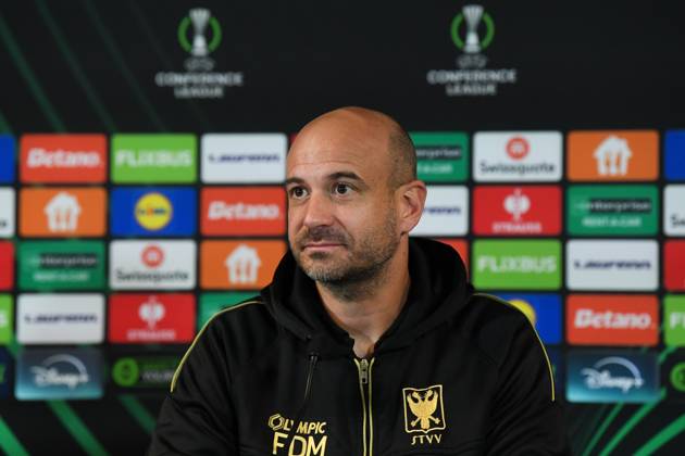 STVV s head coach Frederic De Meyer pictured during a press conference, PK, Pressekonferenz of Belgian soccer team Sint-Truidense VV, Wednesday 21 October 2026 in Herning, Denmark, in preparation of tomorrow s game against Danish FC Midtjylland on the second day of the UEFA Conference League league phase. JILLxDELSAUX  x190514576x