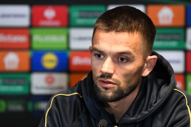 STVV s Visar Musliu pictured during a press conference, PK, Pressekonferenz of Belgian soccer team Sint-Truidense VV, Wednesday 21 October 2026 in Herning, Denmark, in preparation of tomorrow s game against Danish FC Midtjylland on the second day of the UEFA Conference League league phase. JILLxDELSAUX  x190514622x