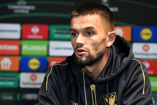 STVV s Visar Musliu pictured during a press conference, PK, Pressekonferenz of Belgian soccer team Sint-Truidense VV, Wednesday 21 October 2026 in Herning, Denmark, in preparation of tomorrow s game against Danish FC Midtjylland on the second day of the UEFA Conference League league phase. JILLxDELSAUX  x190514649x