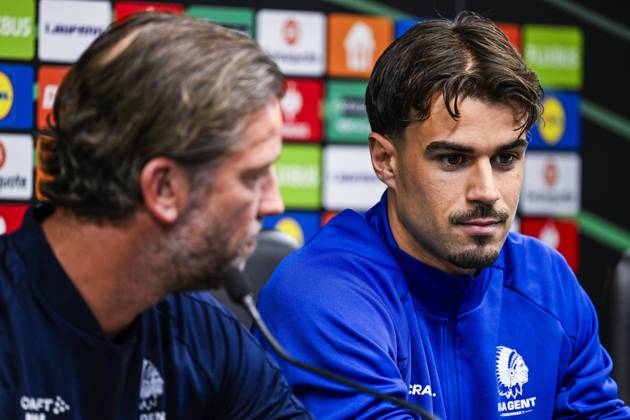 Tiago Araujo of KAA Gent pictured during a press conference, PK, Pressekonferenz of Belgian soccer team KAA Gent, Wednesday 21 October 2026 in Braga, Portugal. The team is preparing for the second match of the UEFA Conference League league phase against Portuguese SC Braga tomorrow. TOM GOYVAERTS TomxGoyvaerts  x190515886x