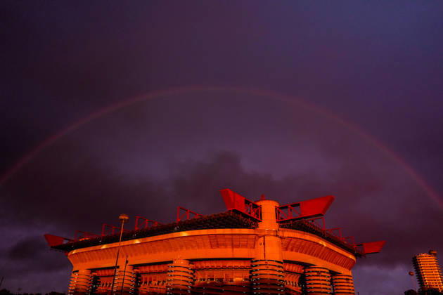 Football, a rainbow over the San Siro Stadium in Milan