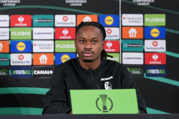 Jordy Makengo, SC Freiburg, 33, at the press conference, Monaco, soccer, UEFA Conference League, Matchday 2, group stage, 2026–2027, AS Monaco vs. SC Freiburg, October 21, 2026, Stade Louis II, Monaco, Monaco, Stade Louis II, Fontvieille, Monaco Copyright: xArnexAmbergx