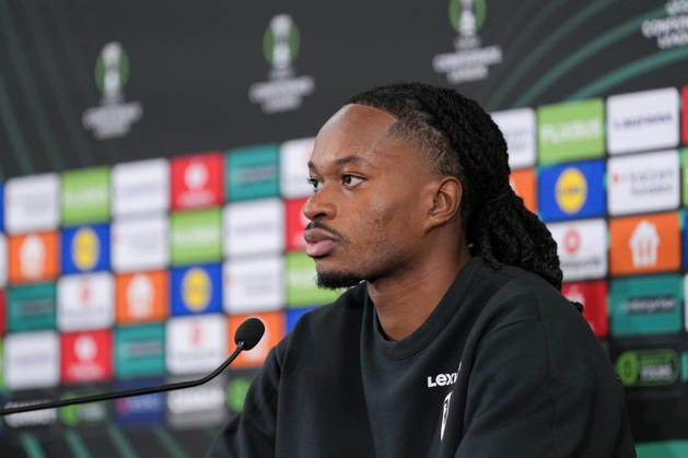 Jordy Makengo, SC Freiburg, 33, at the press conference, Monaco, soccer, UEFA Conference League, Matchday 2, group stage, 2026–2027, AS Monaco vs. SC Freiburg, October 21, 2026, Stade Louis II, Monaco, Monaco, Stade Louis II, Fontvieille, Monaco Copyright: xArnexAmbergx