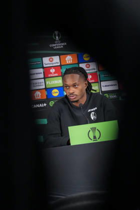Jordy Makengo, SC Freiburg, 33, at the press conference, Monaco, soccer, UEFA Conference League, Matchday 2, group stage, 2026–2027, AS Monaco vs. SC Freiburg, October 21, 2026, Stade Louis II, Monaco, Monaco, Stade Louis II, Fontvieille, Monaco Copyright: xArnexAmbergx