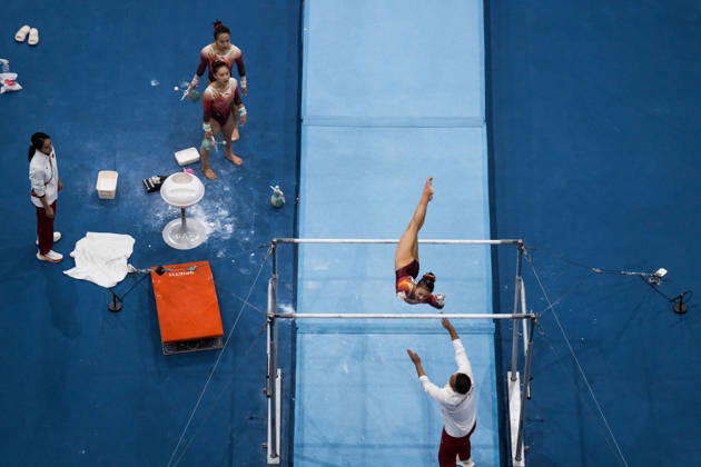 2026 Artistic Gymnastics World Championships, Day 5, Women’s Team Final, October 21, 2026: Qingying Zhang of China and Siyu Du of China watching Qingying Zhang of China, Siyu Du of China, and Qiyuan Qiu of China, warm up ahead of competing on the uneven bars during the women’s team final on day five of the 2026 Artistic Gymnastics World Championships on October 21, 2026 in Rotterdam. Photo by Joel Marklund, BILDBYRÅN, code JM JM0863 bbeng artistic gymnastics artistic gymnastics gymnastics world championships world championships artistic gymnastics world championships final team final women’s team final Copyright: JOELxMARKLUND BB261021JM009