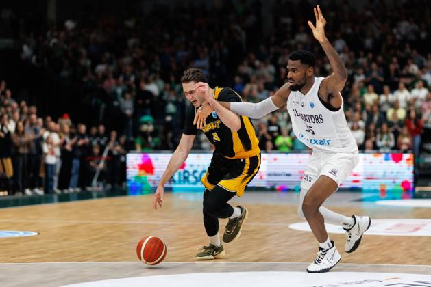 Darko Bajo of KK Croatia Split goes head-to-head with Ejiofor Onu of the Gladiators Trier; Action: Vet Concept Gladiators Trier vs. KK Split, Basketball, FIBA Europe Cup, Matchday 3, 2026–2027 Season, October 21, 2026, Vet Concept Gladiators Trier vs. KK Split, Basketball, FIBA Europe Cup, Matchday 3, 2026–2027 Season, October 21, 2026 Copyright: xEibnerxPressefotox EP_ANS