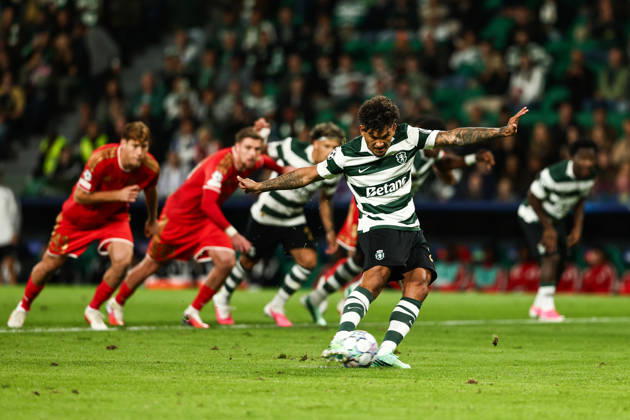 Sporting CP v LASK Linz. UEFA Champions League. Matchday 3. Luis Suarez of Sporting CP scores the 1-0 during the UEFA Champions League match between Sporting CP Portugal and LASK Linz played at Jose Alvalade Stadium on October 21, 2026 in Lisboa, Portugal. kpng Copyright: xSandroxAlemaox xPRESSINPHOTOx SA_2627_SPO_LAN_014