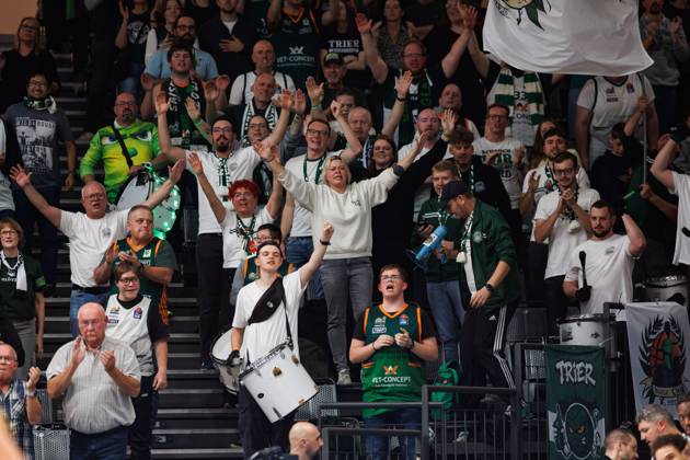 Trier fan section cheers; jubilation, joy, excitement; Vet Concept Gladiators Trier vs. KK Split, basketball, FIBA Europe Cup, Matchday 3, 2026–2027 season, October 21, 2026 Vet Concept Gladiators Trier vs. KK Split, basketball, FIBA Europe Cup, Matchday 3, 2026–2027 season, October 21, 2026 Copyright: xEibnerxPressefotox EP_ANS