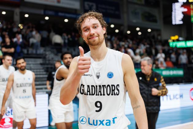 Marco Hollersbacher Gladiators Trier: Cheers, Joy, Emotions, Vet Concept Gladiators Trier vs. KK Split, Basketball, FIBA Europe Cup, Matchday 3, 2026–2027 Season, October 21, 2026 Vet Concept Gladiators Trier vs. KK Split, Basketball, FIBA Europe Cup, Matchday 3, 2026–2027 Season, October 21, 2026 Copyright: xEibnerxPressefotox EP_ANS