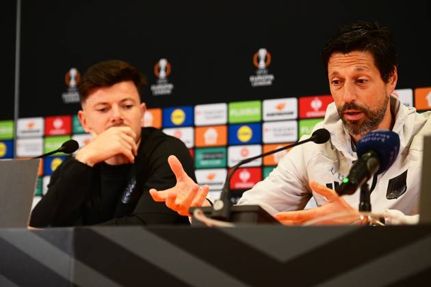 Anderlecht s Giulian Biancone and Anderlecht s head coach Vitor Bruno pictured during a press conference, PK, Pressekonferenz of Belgian soccer team RSC Anderlecht, Wednesday 21 October 2026 in Bialystok, Poland, in preparation of tomorrow s match against Polish Jagiellonia Bialystok, on day three of the UEFA Europa League league phase. MICHALxKOSC x190622709x
