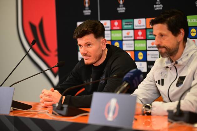 Anderlecht s Giulian Biancone and Anderlecht s head coach Vitor Bruno pictured during a press conference, PK, Pressekonferenz of Belgian soccer team RSC Anderlecht, Wednesday 21 October 2026 in Bialystok, Poland, in preparation of tomorrow s match against Polish Jagiellonia Bialystok, on day three of the UEFA Europa League league phase. MICHALxKOSC x190622682x