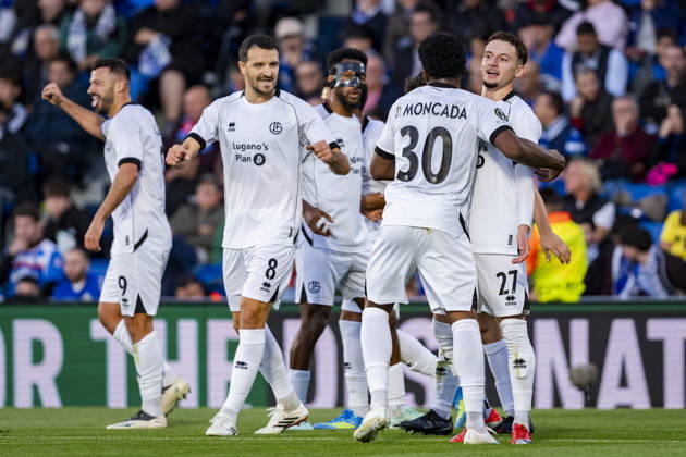 Getafe CF v FC Lugano - UEFA Conference League 2026 27 League Phase MD2 GETAFE, SPAIN - OCTOBER 22: Players of FC Lugano (from L to R) Albian Ajeti, Anto Grgic, Dereck Moncada, Daniel Dos Santos celebrates a goal during the UEFA Conference League 2026 27 League Phase MD2 match between Getafe CF and FC Lugano at Estadio Coliseum on October 22, 2026 in Getafe, Spain. Madrid Estadio Coliseum Madrid Spain Copyright: xAlbertoxGardinx AGardin_20261022_Get_Lug_0061