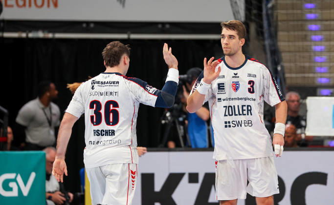 October 22, 2026, Germany, Stuttgart, Opel HBL, 2026–2027 Bundesliga, TVB Stuttgart vs. SG BBM Bietigheim, from left: Jonathan Fischer (BBM), Nikola Vlahovic (BBM)