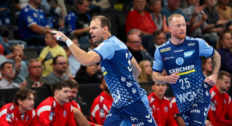 October 22, 2026, Germany, Stuttgart, Opel HBL, 2026–2027 Bundesliga, TVB Stuttgart vs. SG BBM Bietigheim, from left: Kai Häfner (TVB), Patrick Zieker (TVB)