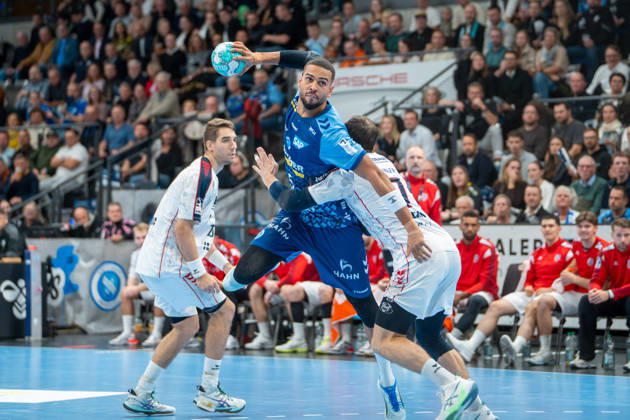 Handball I Men I 2026–2027 Season I Bundesliga I Matchday 10 I TVB Stuttgart vs. SG BBM Bietigheim I October 22, 2026 Philipp Ahouansou 5, TVB Stuttgart takes the shot Stuttgart Porsche Arena Baden-Württemberg Germany Copyright: xLobeca MaxxPetershansx