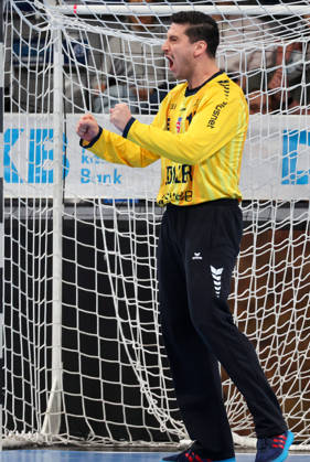 October 22, 2026, Germany, Stuttgart, Opel HBL, 2026–2027 Bundesliga, TVB Stuttgart vs. SG BBM Bietigheim, Martin Tomovski (BBM) celebrates, celebration
