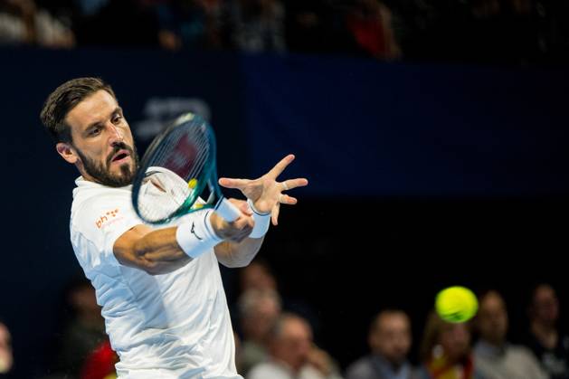 Damir Dzumhur of Bosnia and Herzegovina pictured in action during the European Open ATP, Tennis Herren tennis tournament in Brussels, on Thursday 22 October. This year s edition of the tournament is taking place from 17 to 25 October JASPERxJACOBS x190673427x