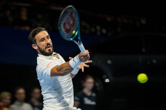 Damir Dzumhur of Bosnia and Herzegovina pictured in action during the European Open ATP, Tennis Herren tennis tournament in Brussels, on Thursday 22 October. This year s edition of the tournament is taking place from 17 to 25 October JASPERxJACOBS x190673473x