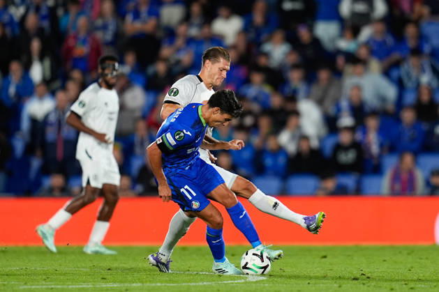 October 22, 2026, Getafe, Madrid, Spain: Ramon Terrats of Getafe CF and Kevin Behrens of FC Lugano compete for the ball during the UEFA Conference League 2026 27 League Phase MD2 football match between Getafe CF and FC Lugano at Coliseum de Getafe stadium on October 22, 2026, in Getafe, Spain. Getafe Spain - ZUMAa181 20261022_zaa_a181_067 Copyright: xDennisxAgyemanx