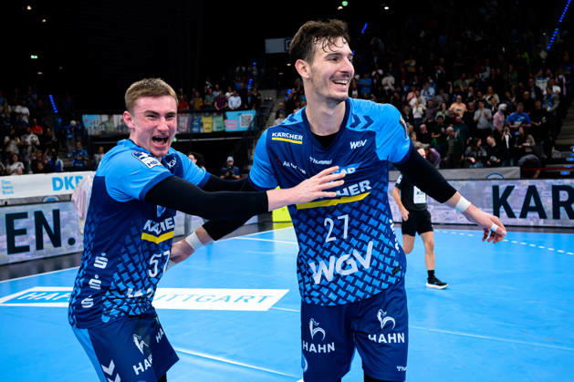 Stuttgart HBL 26 27 TVB Stuttgart SG BBM Bietigheim Jakob Nigg Stuttgart, Philipp Meyer Stuttgart Victory celebration Victory celebration Emotion Joy Stuttgart Porsche Arena Baden-Württemberg Germany