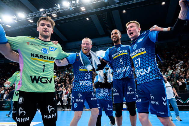 Stuttgart HBL 26 27 TVB Stuttgart SG BBM Bietigheim Goalkeeper Mateusz Kornecki Stuttgart, Patrick Zieker Stuttgart, Philipp Ahouansou Stuttgart, Jakob Nigg Stuttgart Celebrations at the end Celebrations at the end Emotion Joy Stuttgart Porsche Arena Baden-Württemberg Germany