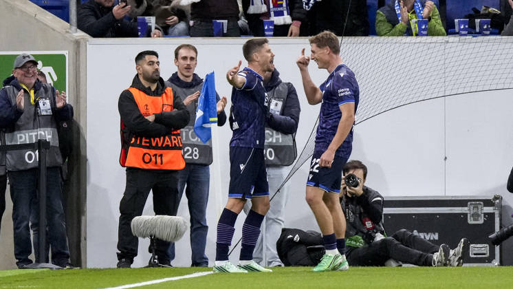 From left: Goal scorer Andrej Kramaric (Hoffenheim), 27; Alexander Prass (Hoffenheim), 22; players from TSG 1899 Hoffenheim celebrate the 1-0 goal, Celebration, goal celebration, scoring a goal, celebrate the goal, goal, celebration, celebrating the goal, joy, happiness, happy, optimistic, positive, game scene, highlight, action, 22 10 2026, Sinsheim, Germany, soccer, UEFA Europa League, TSG 1899 Hoffenheim vs. Olympique Lyon, DFB and DFL regulations prohibit any use of photographs as image sequences and or quasi-video xozx