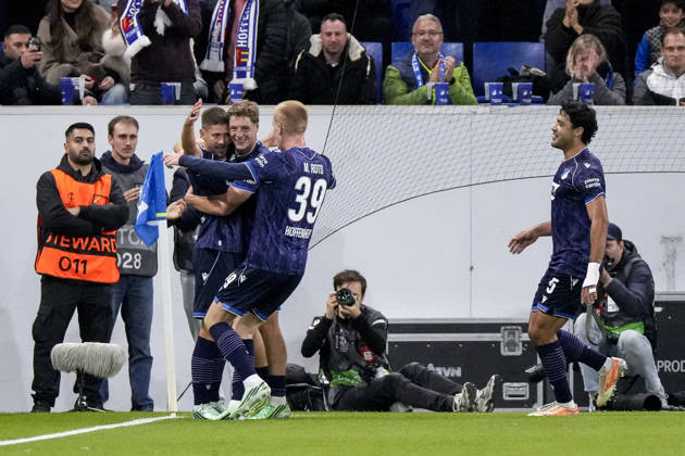 From left: Goal scorer Andrej Kramaric (Hoffenheim), 27, Alexander Prass of Hoffenheim, 22, Mats Rots of Hoffenheim, 39, Ozan Muhammed Kabak of Hoffenheim, 5, players from TSG 1899 Hoffenheim, celebrating the 1-0 goal, Celebration, Goal celebration, Goal scored, celebrating the goal, goal, celebration, celebrating the goal, Rejoicing, Joy, happy, optimistic, positive, Game scene, Highlight, Action, 22 10 2026, Sinsheim, Germany, soccer, UEFA Europa League, TSG 1899 Hoffenheim vs. Olympique Lyon, DFB and DFL regulations prohibit any use of photographs as image sequences and or quasi-video xozx