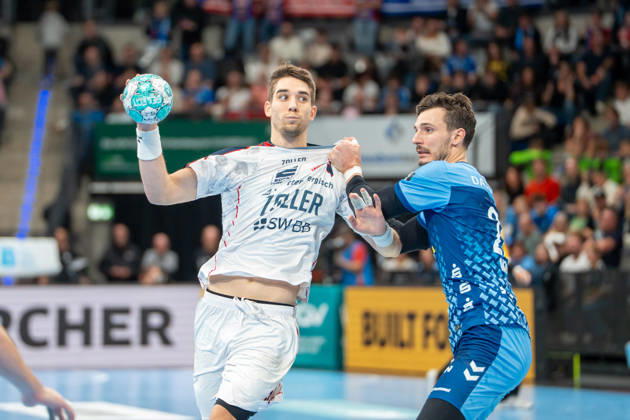 Handball I Men I 2026–2027 Season I Bundesliga I Matchday 10 I TVB Stuttgart vs. SG BBM Bietigheim I October 22, 2026 Nikola Vlahovic 3, SG BBM Bietigheim defended by Philipp Meyer 27, TVB Stuttgart, Stuttgart Porsche Arena, Baden-Württemberg, Germany Copyright: xLobeca MaxxPetershansx