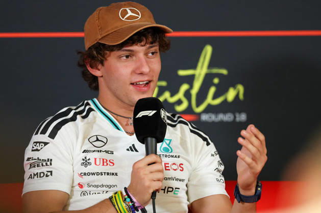 AUSTIN, TX - OCTOBER 22: Andrea Kimi Antonelli (12) of Italy and Mercedes-AMG PETRONAS Formula One Team in an interview on arrival day of the Formula 1 MSC Cruises United States Grand Prix on October 22, 2026, at Circuit of The Americas in Austin, Texas.(Photo by David Buono Icon Sportswire) AUTO: OCT 22 F1 United States Grand Prix EDITORIAL USE ONLY Icon2610220161
