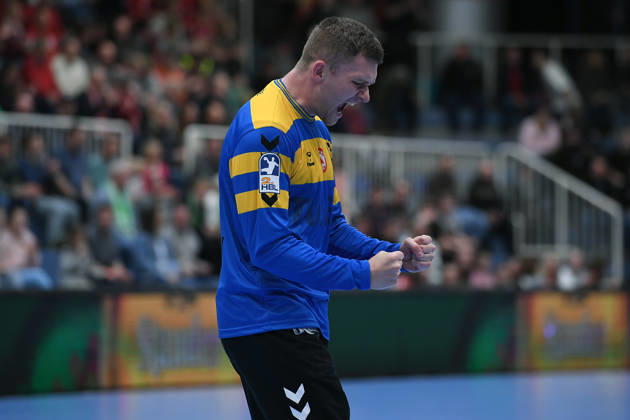 Handball Bundesliga, Matchday 8: TuSEM Essen vs. TV Emsdetten on October 19, 2026, at Sportpark Am Hallo in Essen. Lukas Diedrich of Essen celebrates. xRx