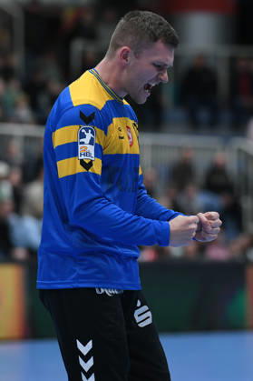 Handball Bundesliga, Matchday 8: TuSEM Essen vs. TV Emsdetten on October 19, 2026, at Sportpark Am Hallo in Essen. Lukas Diedrich of Essen celebrates. xRx