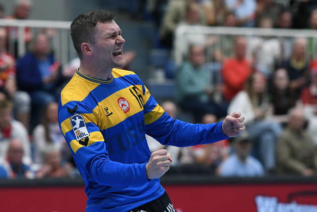 Handball Bundesliga, Matchday 8: TuSEM Essen vs. TV Emsdetten on October 19, 2026, at Sportpark Am Hallo in Essen. Lukas Diedrich of Essen celebrates. xRx