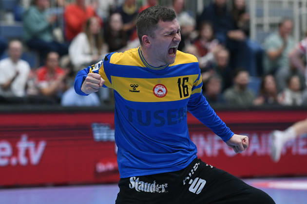 Handball Bundesliga, Matchday 8: TuSEM Essen vs. TV Emsdetten on October 19, 2026, at Sportpark Am Hallo in Essen. Lukas Diedrich of Essen celebrates. xRx