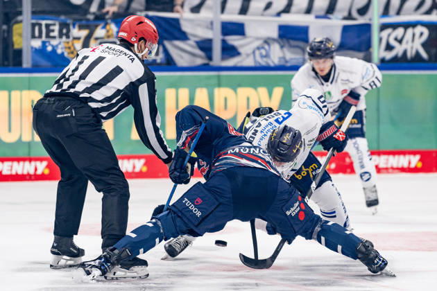Linesman David Kreuzer officiates a faceoff between Lucas Thaler of EHC Red Bull Munich, 48, and Tyler Boland of the Iserlohn Roosters, 10 (GER), EHC Red Bull Munich vs. Iserlohn Roosters, DEL, 2026–2027 season, Matchday 11, October 23, 2026. Photo: HMB Media, Franz Feiner Copyright: HMBxMedia FranzxFeiner