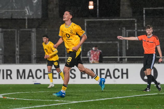 Friday, October 23, 2026 2026–2027 Season, Matchday 14, Regionalliga West at Rote Erde Stadium, Dortmund, Germany: BV Borussia Dortmund U23 vs. Bonner SC. Celebrations after Luca Reggiani s 1–0 goal for BVB