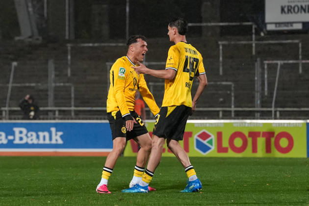 Friday, October 23, 2026 2026–2027 Season, Matchday 14, Regionalliga West at Rote Erde Stadium, Dortmund, Germany: BV Borussia Dortmund U23 vs. Bonner SC. Celebrations after Luca Reggiani s 1–0 goal for BVB