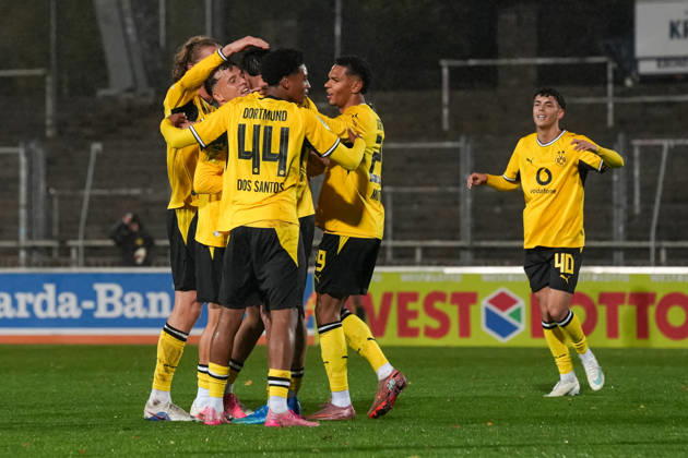 Friday, October 23, 2026 2026–2027 Season, Matchday 14, Regionalliga West at Rote Erde Stadium, Dortmund, Germany: BV Borussia Dortmund U23 vs. Bonner SC. Celebrations after Luca Reggiani s 1–0 goal for BVB