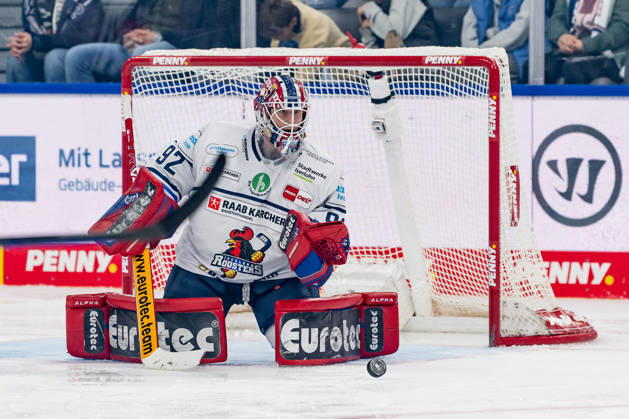 Andreas Jenike, goaltender, Iserlohn Roosters, 92, blocking a puck (GER), EHC Red Bull Munich vs. Iserlohn Roosters, DEL, 2026–2027 season, Matchday 11, October 23, 2026. Photo: HMB Media, Franz Feiner Copyright: HMBxMedia FranzxFeiner