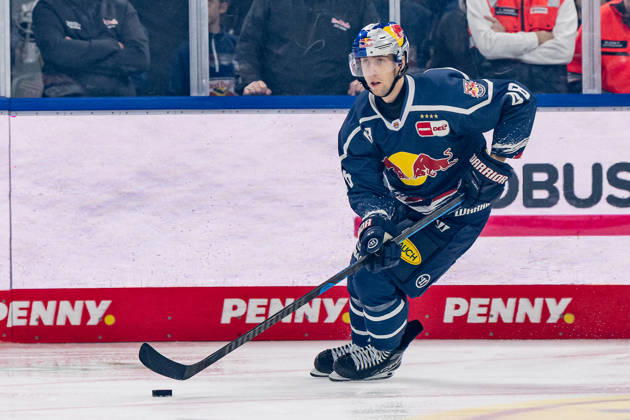 Lucas Thaler, EHC Red Bull Munich, 48 (GER), EHC Red Bull Munich vs. Iserlohn Roosters, DEL, 2026–2027 season, Matchday 11, October 23, 2026. Photo: HMB Media, Franz Feiner Copyright: HMBxMedia FranzxFeiner