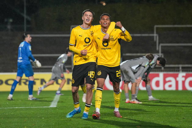 Friday, October 23, 2026 2026–2027 Season, Matchday 14, Regionalliga West at Rote Erde Stadium, Dortmund, Germany BV Borussia Dortmund U23 vs. Bonner SC Celebration after Kevin Mutove s 2–0 goal BVB Luca Reggiani BVB