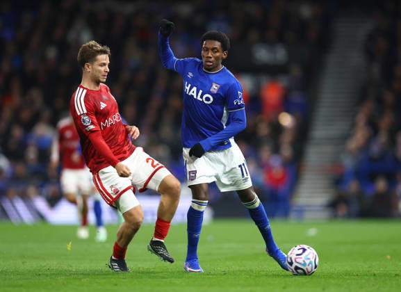 Ipswich, England, 23rd October 2026. James McAtee of Nottingham Forest and Jaden Philogene-Bidace of Ipswich Town during the Ipswich Town vs Nottingham Forest Premier League match at Portman Road, Ipswich. Picture credit should read: Paul Terry Sportimage EDITORIAL USE ONLY. No use with unauthorised audio, video, data, fixture lists, club league logos or live services. Online in-match use limited to 120 images, no video emulation. No use in betting, games or single club league player publications. SPI_025_PT_Ipswich_Forest SPI-5093-0026